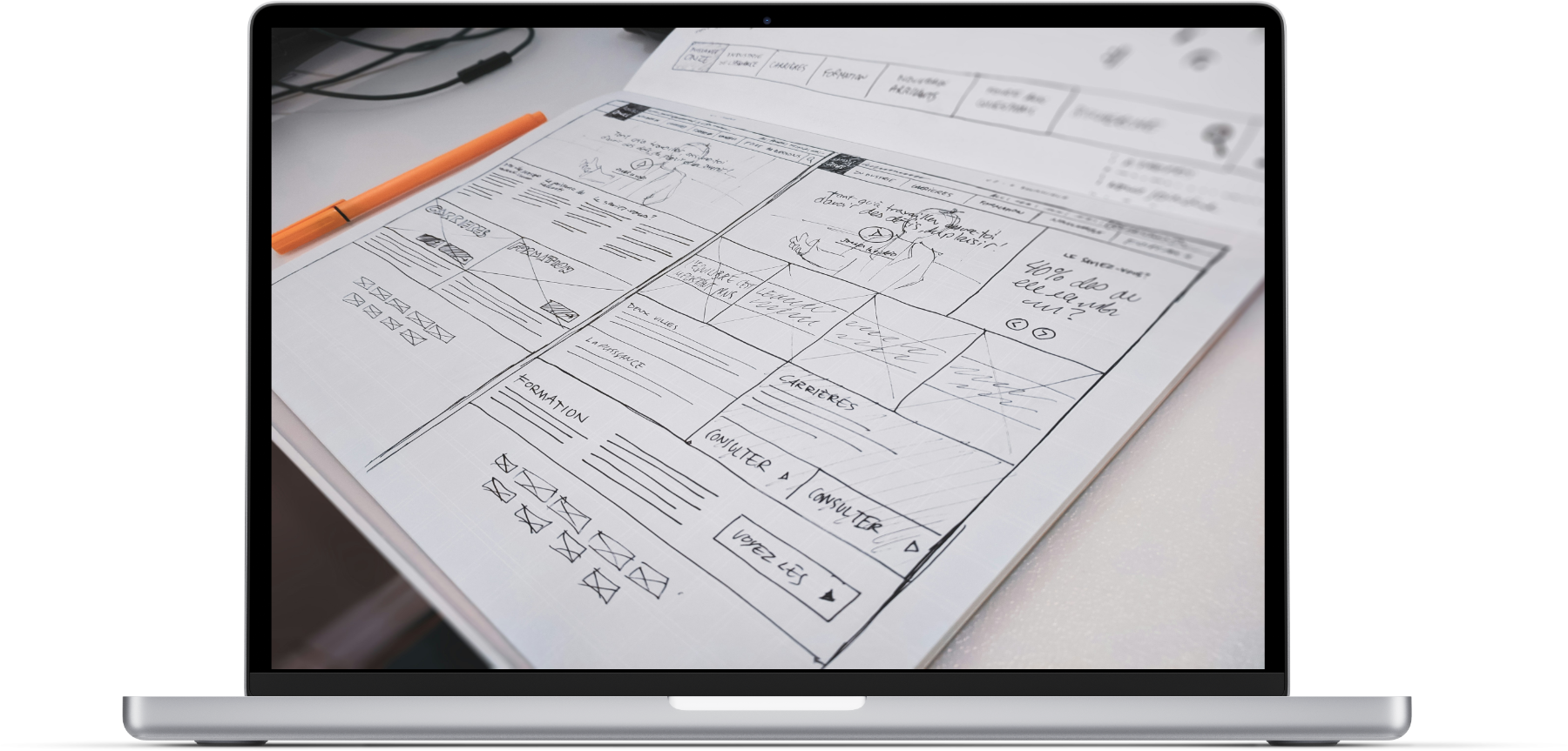 Mockup illustrant le travail préparatoire de conception et design d'un site internet